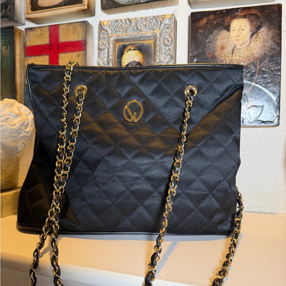 St. John Quilted Fabric Shoulder Bag w/ Leather Piping‎ & Chain Straps